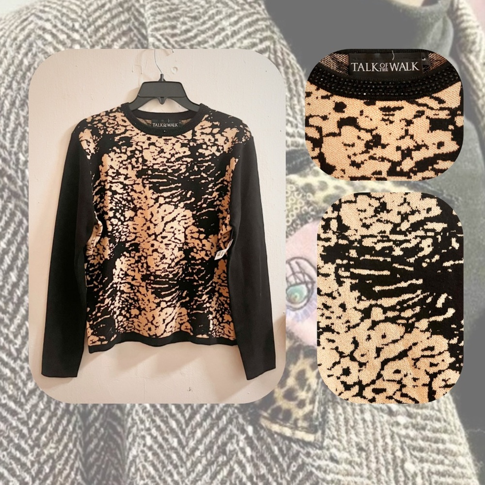🆕 gold metallic & black abstract animal print sweater with rhinestone neckline - Picture 3 of 13